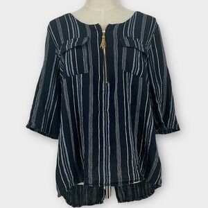 Ellen Tracy Striped Quarter Zip Tunic‎ Top Women's Size M Linen Blend